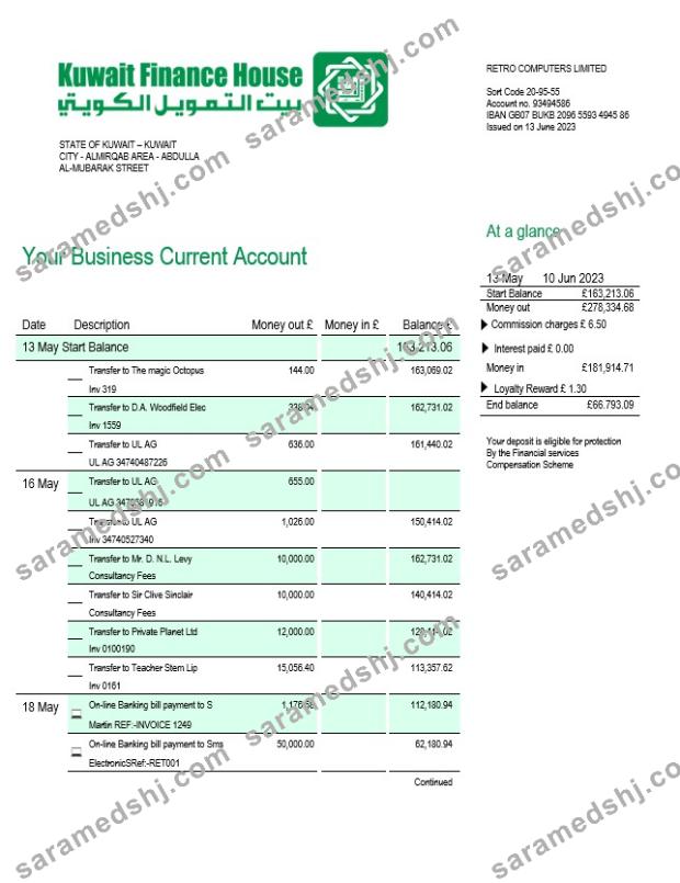 Kuwait Finance House Bank firm account statement Word and PDF template